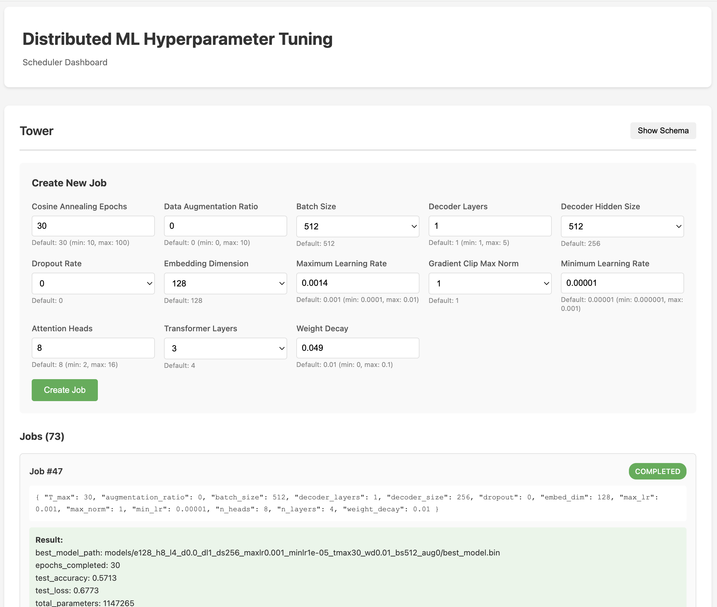 The scheduler dashboard, with the job creation form auto-generated from Tower's schema. Adding a new hyperparameter to the training script is enough -- the form just appears.